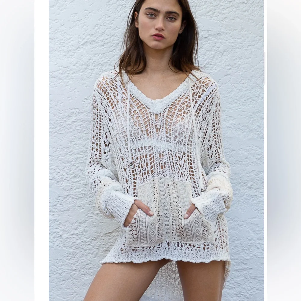 NWOT, Women’s Cream Open-Knit Hooded Sweater - Picture 2 of 3